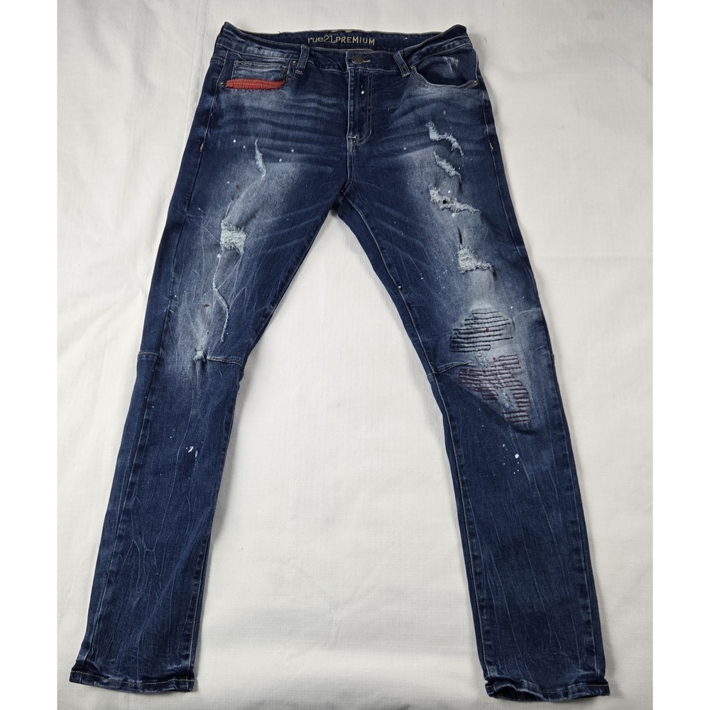 Rue 21 Premium Denim Men's Skinny Supreme Flex Distressed Moto Jeans 34 X‎ 31